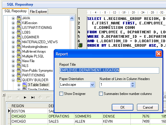 SQL Workshop lets you build, save, organize, and execute ad hoc SQL, then input the results into a report.