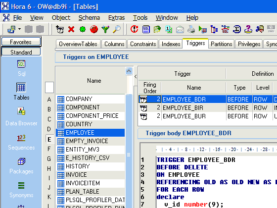 Hora's consistent interface is built on the Outlook Bar (left),  a major feature (Tables), and a series of tabs and grids that enable drilling down to a specific object, which can then be manipulated (in this case: edited and compiled).