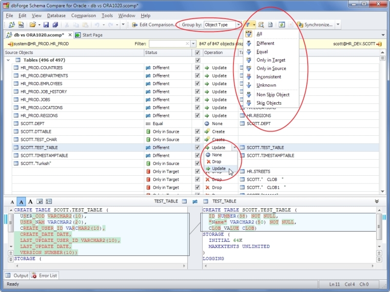 Devart dbForge Schema Compare for Oracle: Comparison Results.jpg