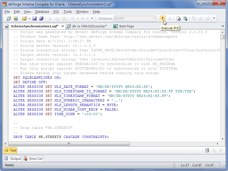 Devart dbForge Schema Compare for Oracle: Synchronization script.jpg